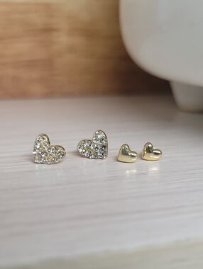 Gold Heart Stud Earrings with Crystal Accents - Set of 2 Pairs